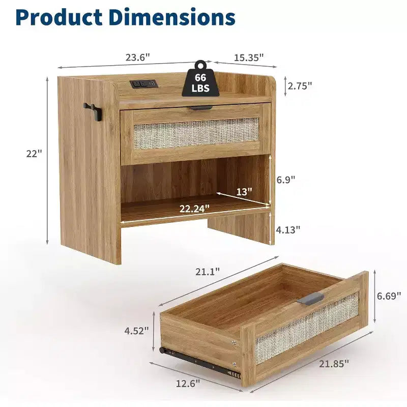 Rattan Nightstand with Charging Station - Bedside Table with Drawer & Open Shelf for Bedroom Office