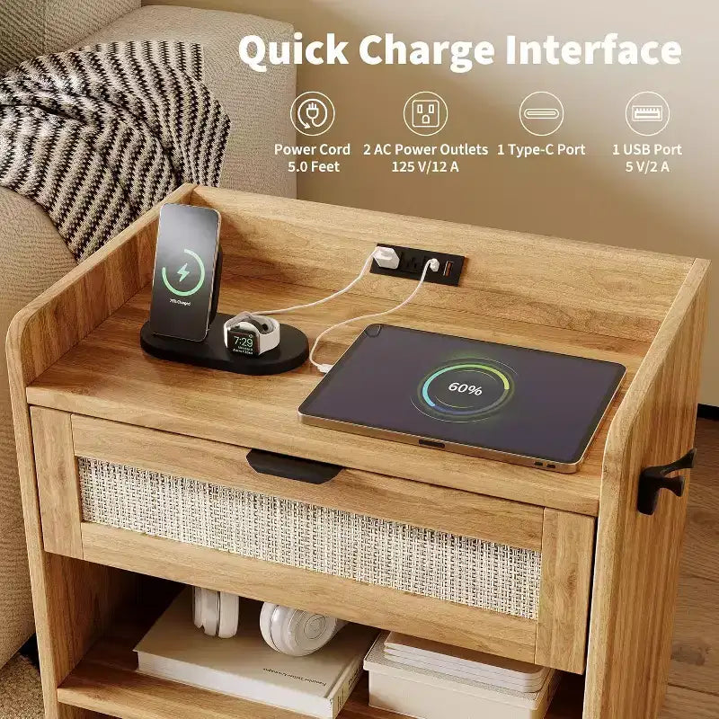 Rattan Nightstand with Charging Station - Bedside Table with Drawer & Open Shelf for Bedroom Office