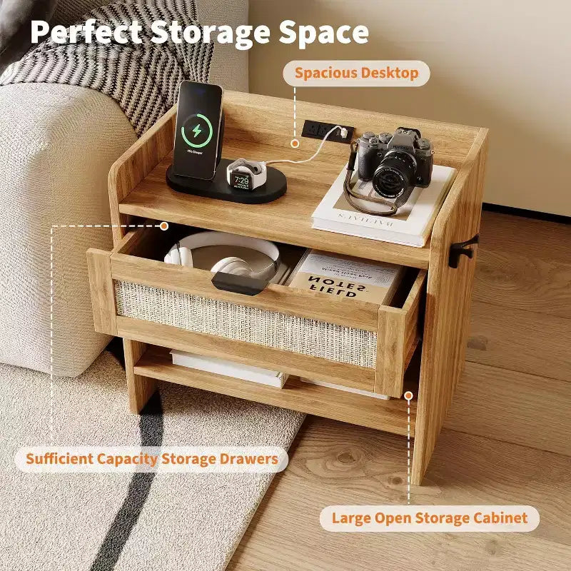Rattan Nightstand with Charging Station - Bedside Table with Drawer & Open Shelf for Bedroom Office