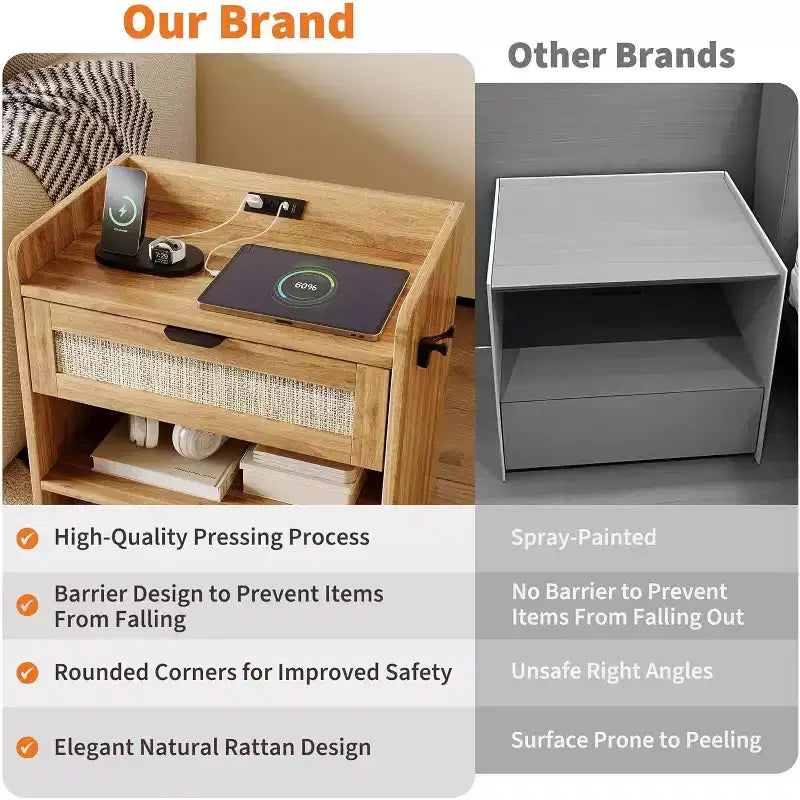 Rattan Nightstand with Charging Station - Bedside Table with Drawer & Open Shelf for Bedroom Office