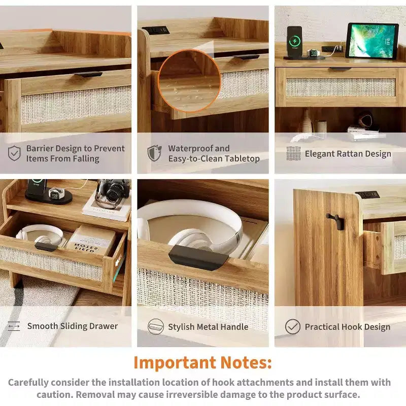 Rattan Nightstand with Charging Station - Bedside Table with Drawer & Open Shelf for Bedroom Office