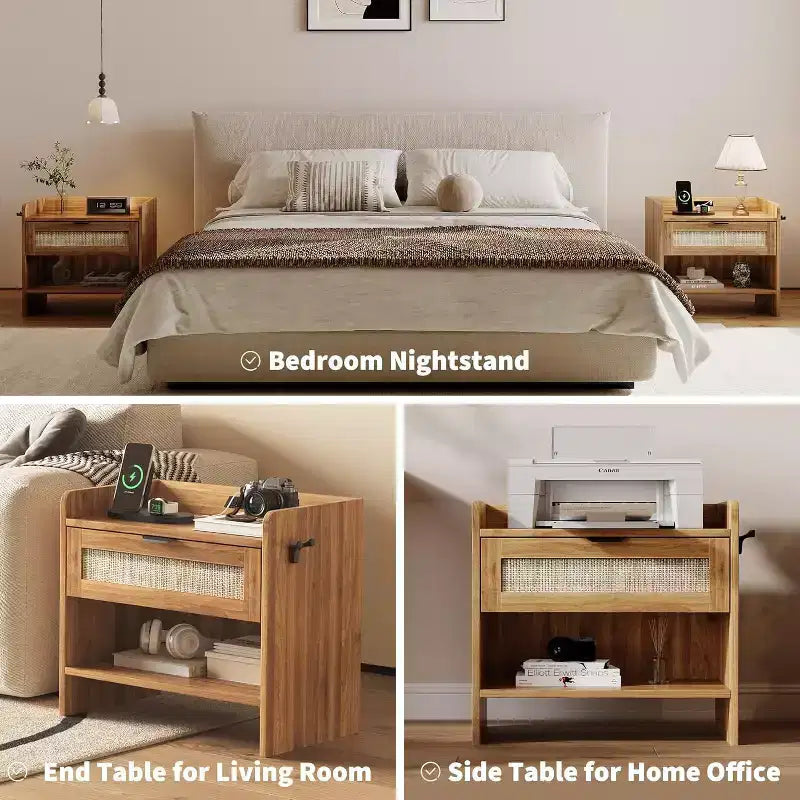 Rattan Nightstand with Charging Station - Bedside Table with Drawer & Open Shelf for Bedroom Office