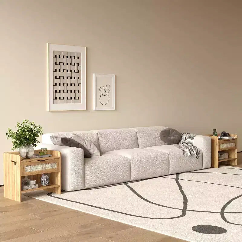 Rattan Nightstand with Charging Station - Bedside Table with Drawer & Open Shelf for Bedroom Office