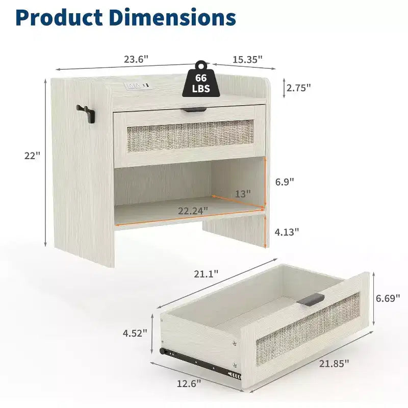 Rattan Nightstand with Charging Station - Bedside Table with Drawer & Open Shelf for Bedroom Office