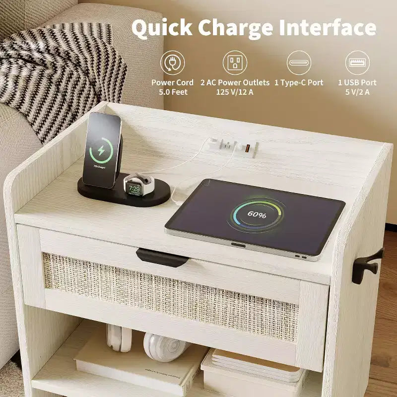 Rattan Nightstand with Charging Station - Bedside Table with Drawer & Open Shelf for Bedroom Office