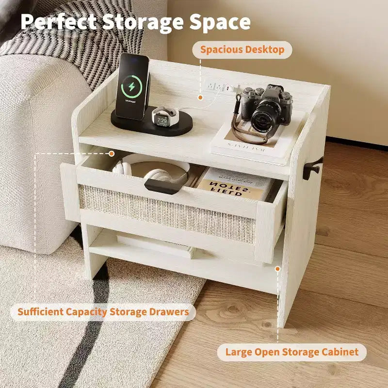 Rattan Nightstand with Charging Station - Bedside Table with Drawer & Open Shelf for Bedroom Office