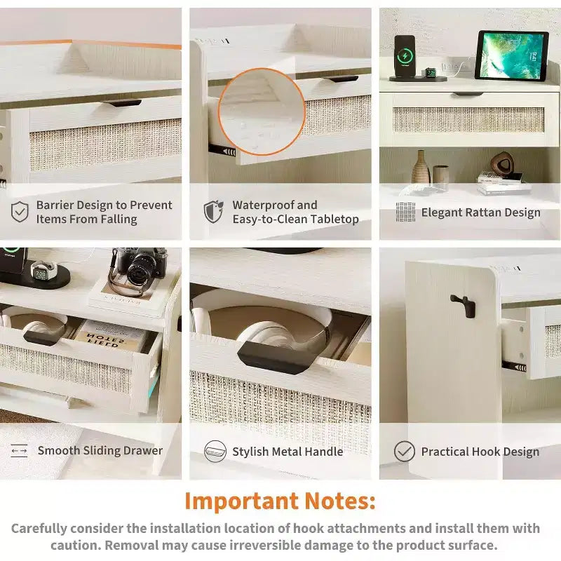 Rattan Nightstand with Charging Station - Bedside Table with Drawer & Open Shelf for Bedroom Office