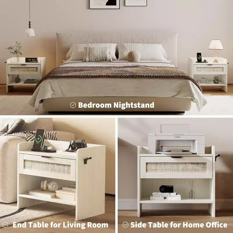 Rattan Nightstand with Charging Station - Bedside Table with Drawer & Open Shelf for Bedroom Office