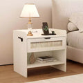 Rattan Nightstand with Charging Station - Bedside Table with Drawer & Open Shelf for Bedroom Office