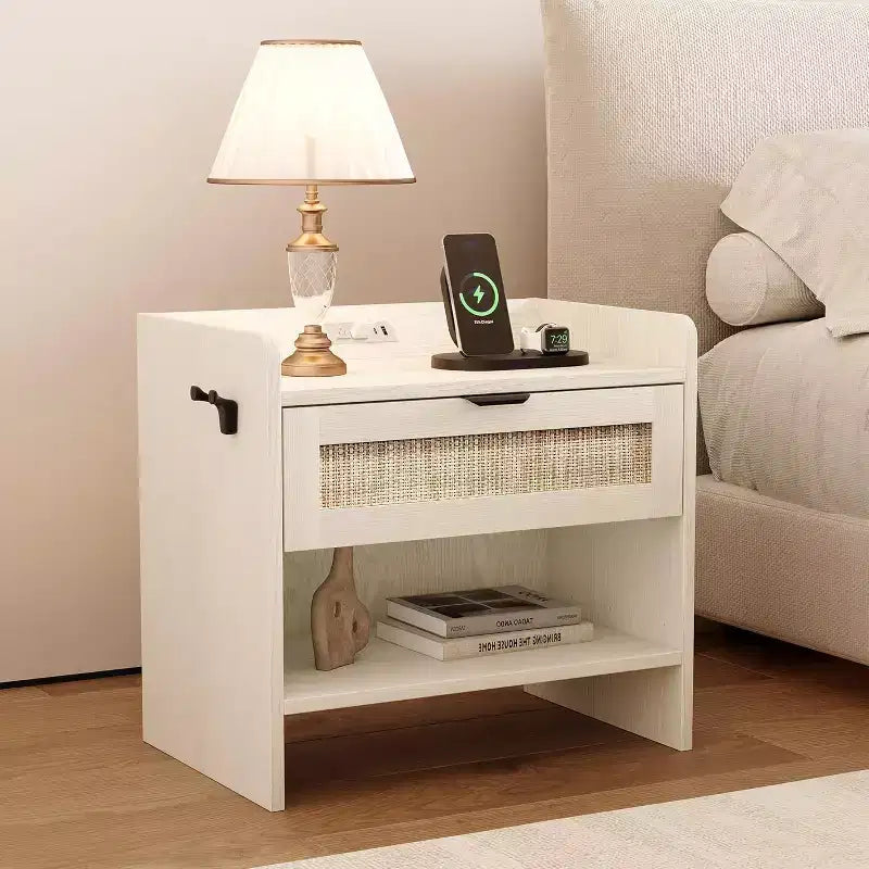 Rattan Nightstand with Charging Station - Bedside Table with Drawer & Open Shelf for Bedroom Office