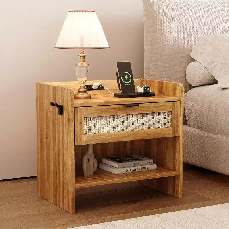 Rattan Nightstand with Charging Station - Bedside Table with Drawer & Open Shelf for Bedroom Office