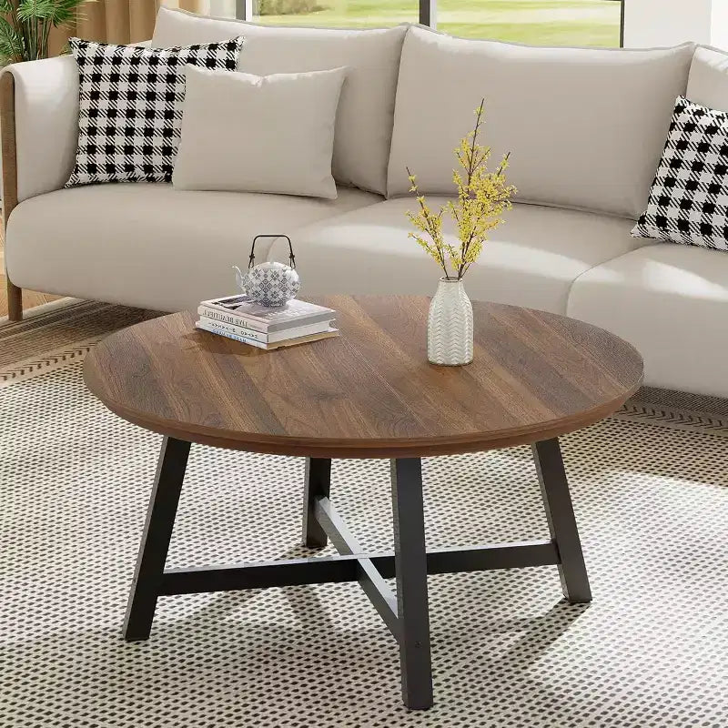 36 Inch Coffee Table with Industrial Wood Grain, Large Center Table with Thickened Metal Legs and Adjustable Feet, Stable Accent Coffee Table