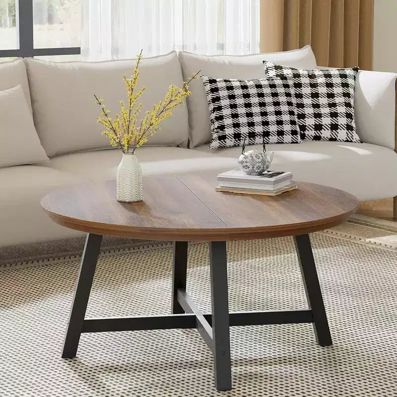 36 Inch Coffee Table with Industrial Wood Grain, Large Center Table with Thickened Metal Legs and Adjustable Feet, Stable Accent Coffee Table