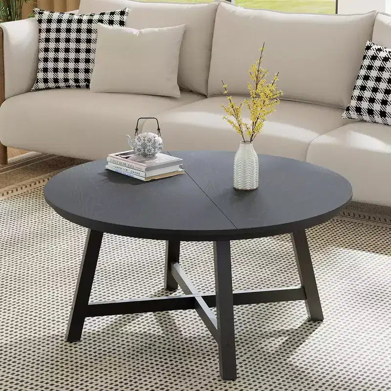 36 Inch Coffee Table with Industrial Wood Grain, Large Center Table with Thickened Metal Legs and Adjustable Feet, Stable Accent Coffee Table