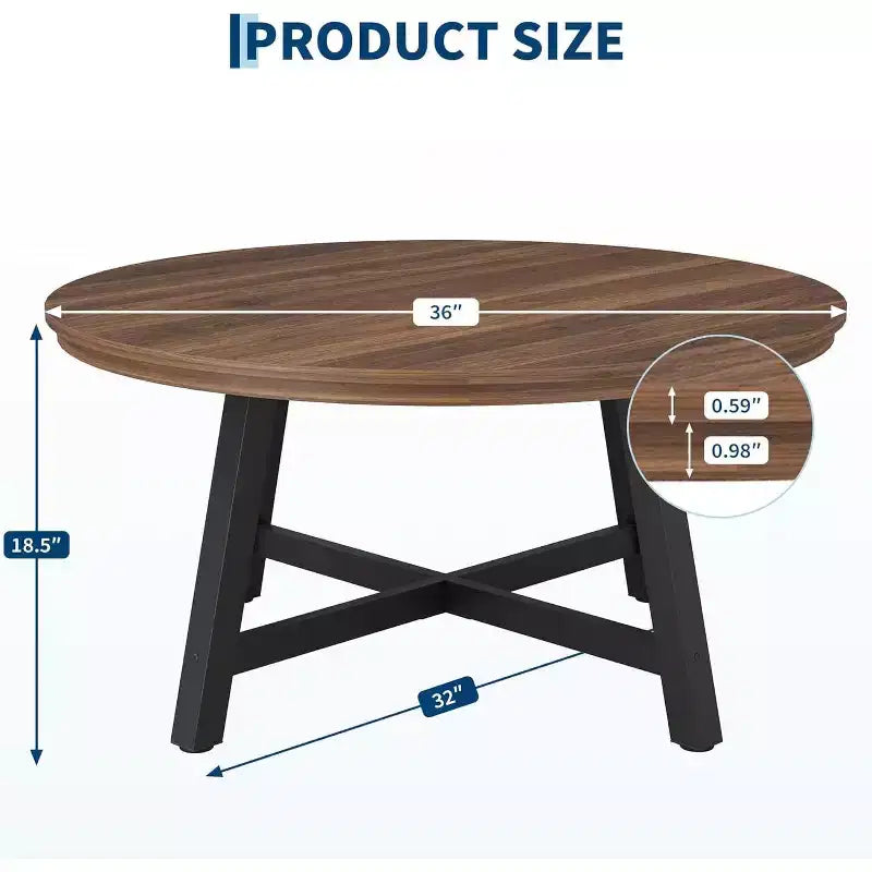 36 Inch Coffee Table with Industrial Wood Grain, Large Center Table with Thickened Metal Legs and Adjustable Feet, Stable Accent Coffee Table