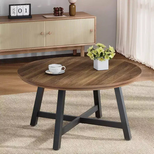 36 Inch Coffee Table with Industrial Wood Grain, Large Center Table with Thickened Metal Legs and Adjustable Feet, Stable Accent Coffee Table
