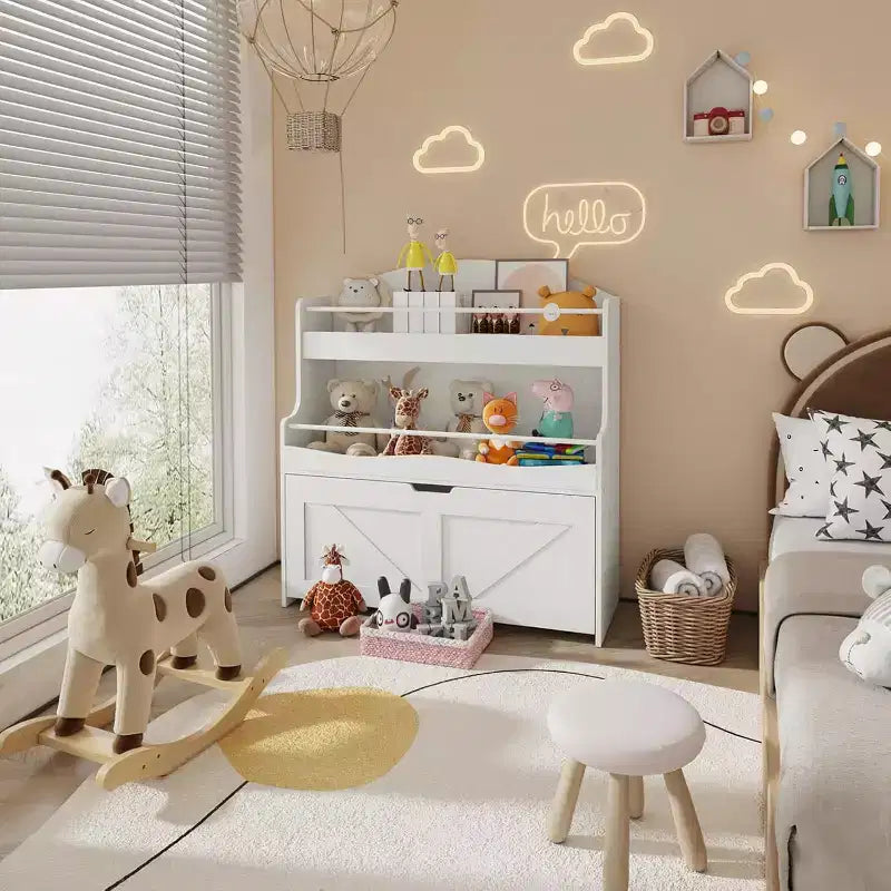 ACOINEL Kids Bookshelf & Toy Storage Organizer, White Bookcase with Movable Drawer & Crossbar for Playroom/Nursery
