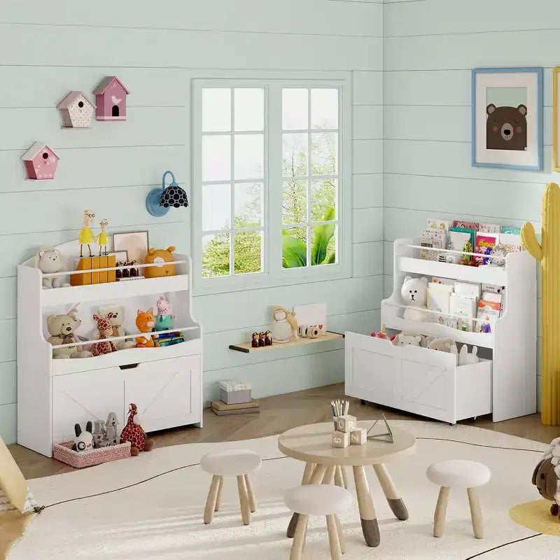 ACOINEL Kids Bookshelf & Toy Storage Organizer, White Bookcase with Movable Drawer & Crossbar for Playroom/Nursery
