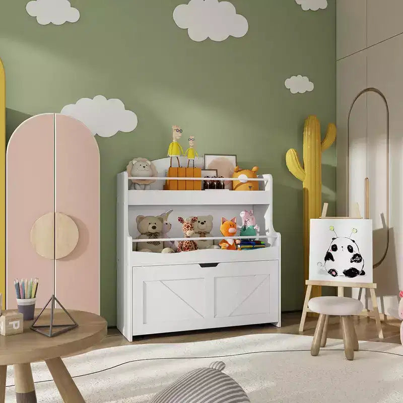 ACOINEL Kids Bookshelf & Toy Storage Organizer, White Bookcase with Movable Drawer & Crossbar for Playroom/Nursery