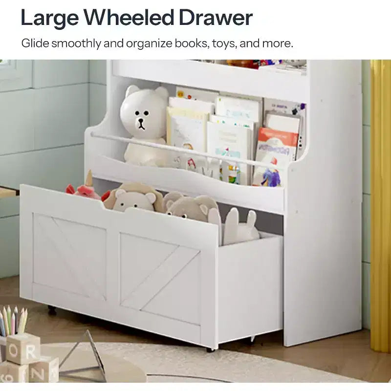 ACOINEL Kids Bookshelf & Toy Storage Organizer, White Bookcase with Movable Drawer & Crossbar for Playroom/Nursery
