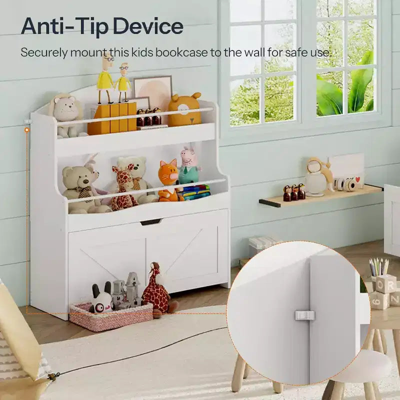 ACOINEL Kids Bookshelf & Toy Storage Organizer, White Bookcase with Movable Drawer & Crossbar for Playroom/Nursery
