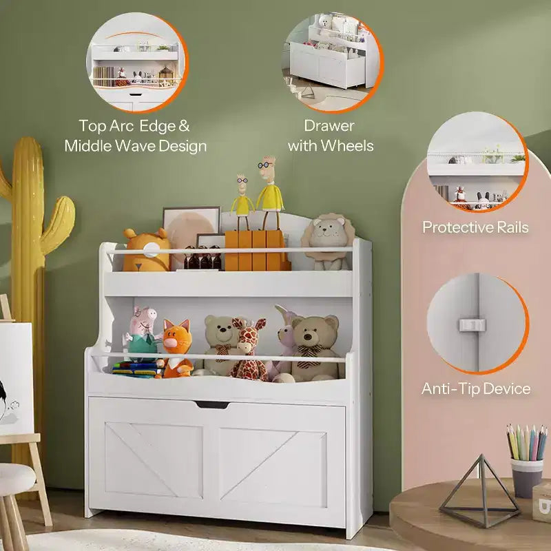 ACOINEL Kids Bookshelf & Toy Storage Organizer, White Bookcase with Movable Drawer & Crossbar for Playroom/Nursery