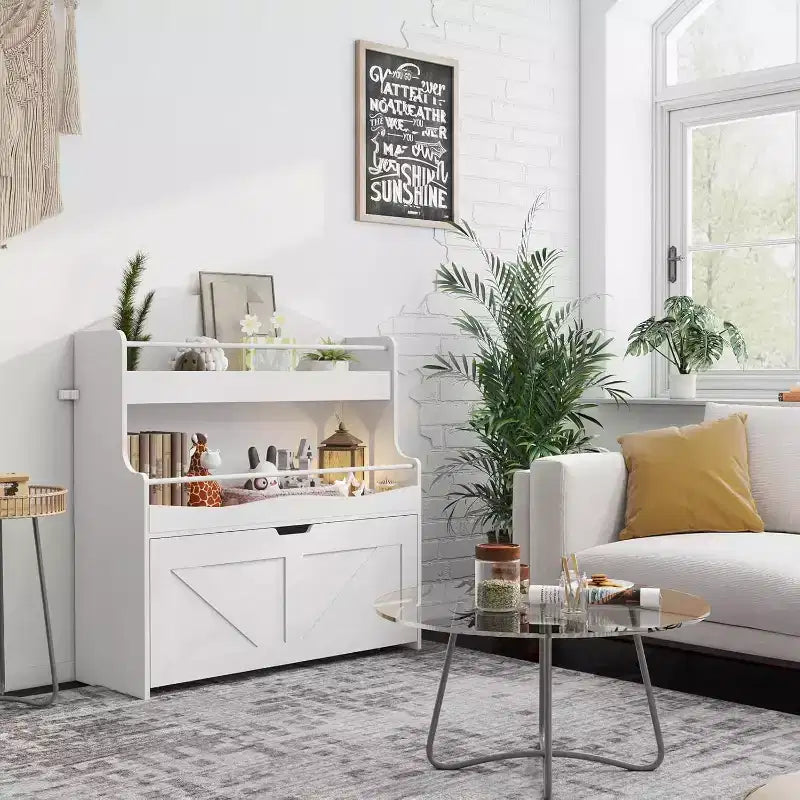 ACOINEL Kids Bookshelf & Toy Storage Organizer, White Bookcase with Movable Drawer & Crossbar for Playroom/Nursery