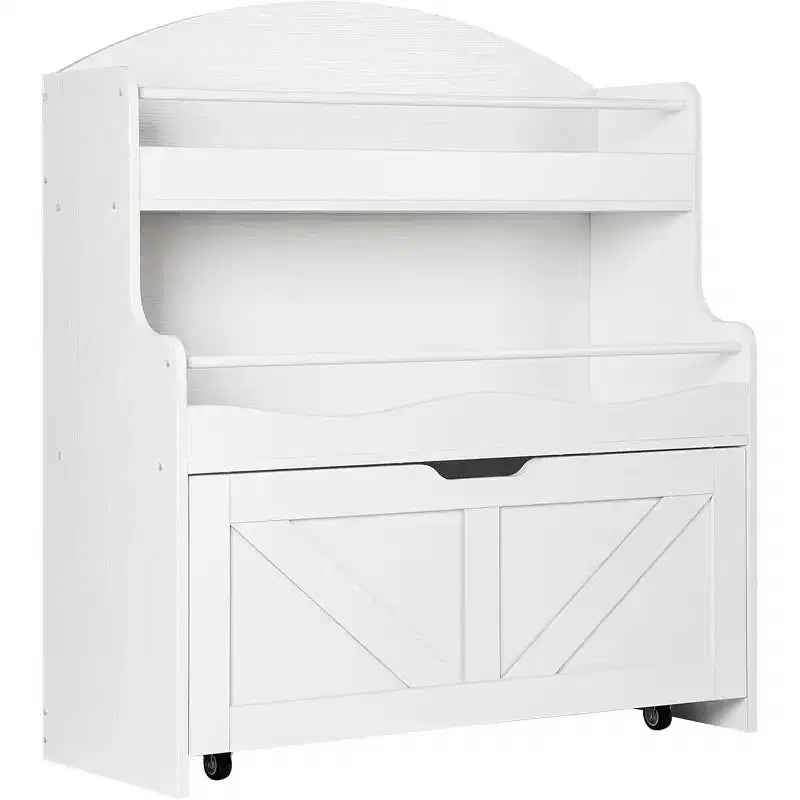 ACOINEL Kids Bookshelf & Toy Storage Organizer, White Bookcase with Movable Drawer & Crossbar for Playroom/Nursery