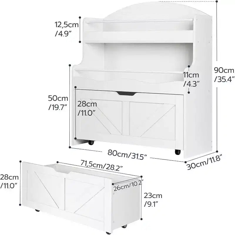 ACOINEL Kids Bookshelf & Toy Storage Organizer, White Bookcase with Movable Drawer & Crossbar for Playroom/Nursery