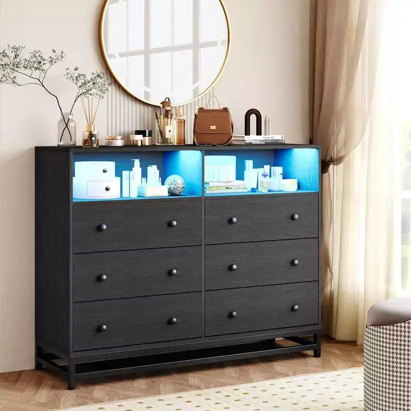 Wood Dresser, 6-Drawer Black Wooden Dresser with Lights & Power Outlet, 47 Inch Wide TV Stand for Bedroom Living Room