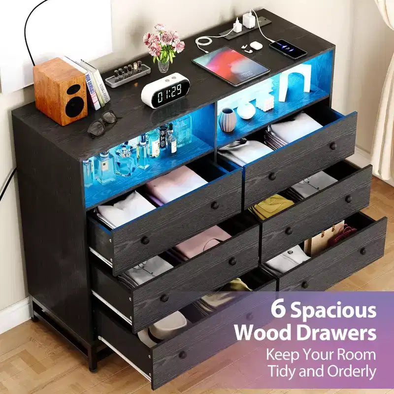 Wood Dresser, 6-Drawer Black Wooden Dresser with Lights & Power Outlet, 47 Inch Wide TV Stand for Bedroom Living Room