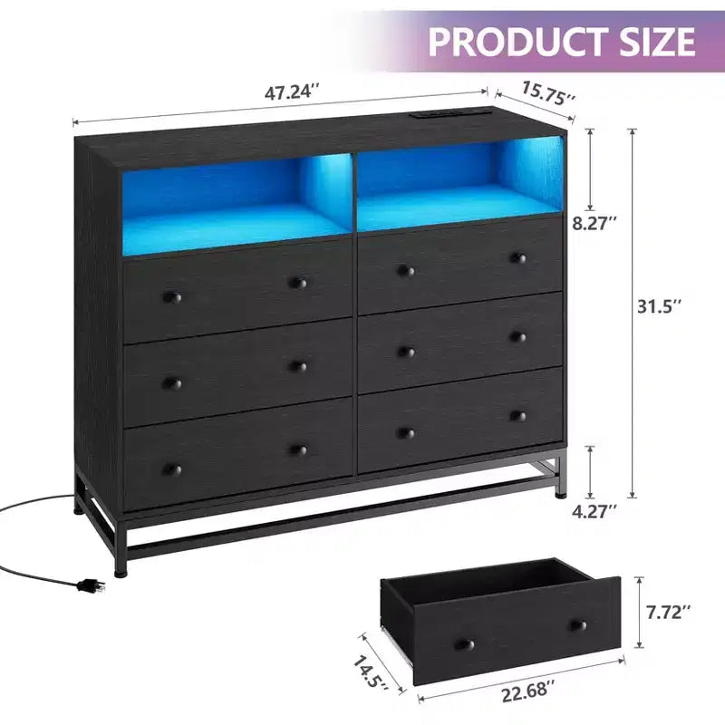 Wood Dresser, 6-Drawer Black Wooden Dresser with Lights & Power Outlet, 47 Inch Wide TV Stand for Bedroom Living Room