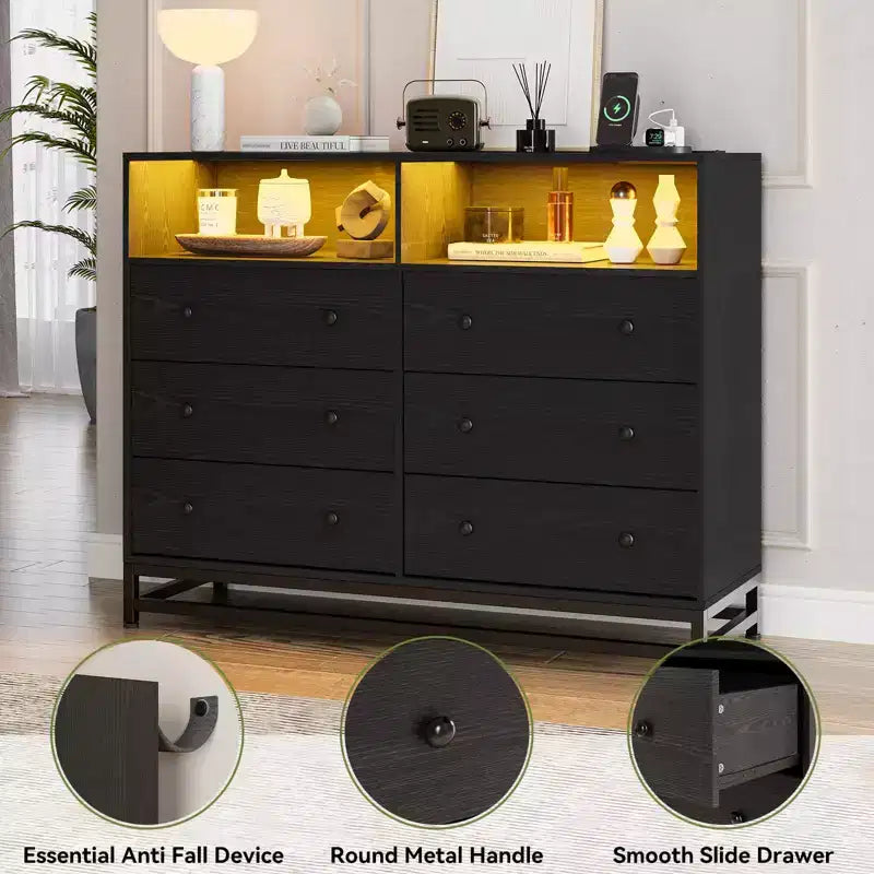 Wood Dresser, 6-Drawer Black Wooden Dresser with Lights & Power Outlet, 47 Inch Wide TV Stand for Bedroom Living Room