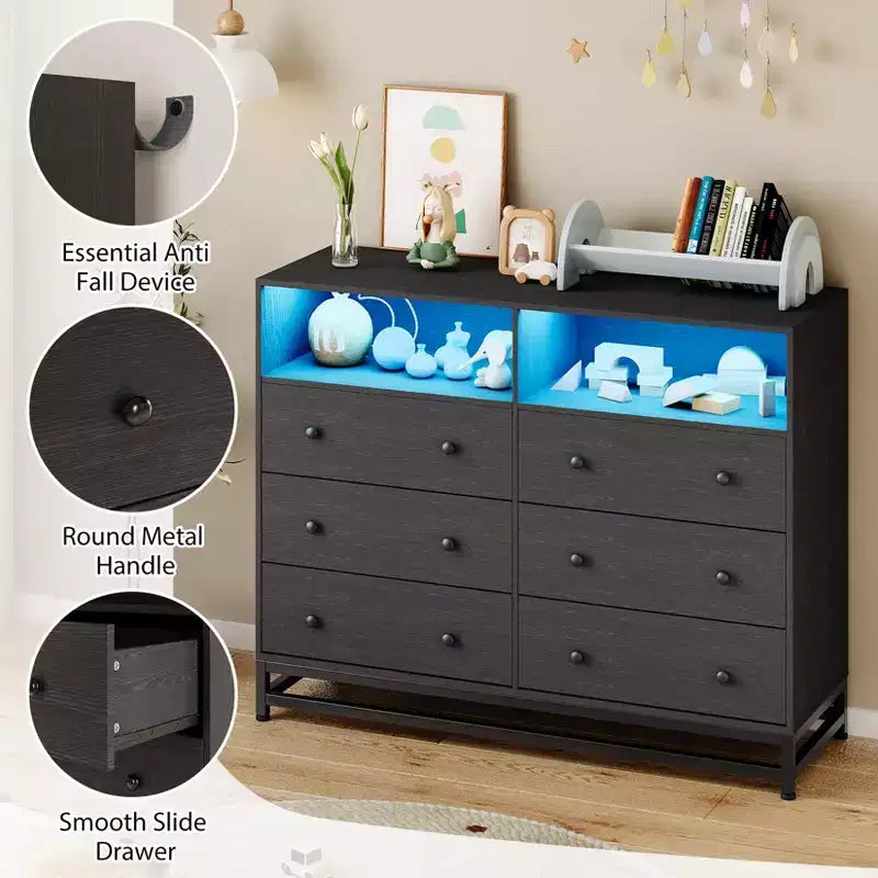 Wood Dresser, 6-Drawer Black Wooden Dresser with Lights & Power Outlet, 47 Inch Wide TV Stand for Bedroom Living Room