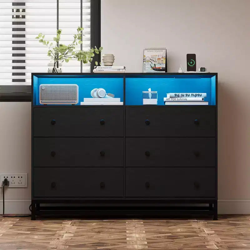 Wood Dresser, 6-Drawer Black Wooden Dresser with Lights & Power Outlet, 47 Inch Wide TV Stand for Bedroom Living Room