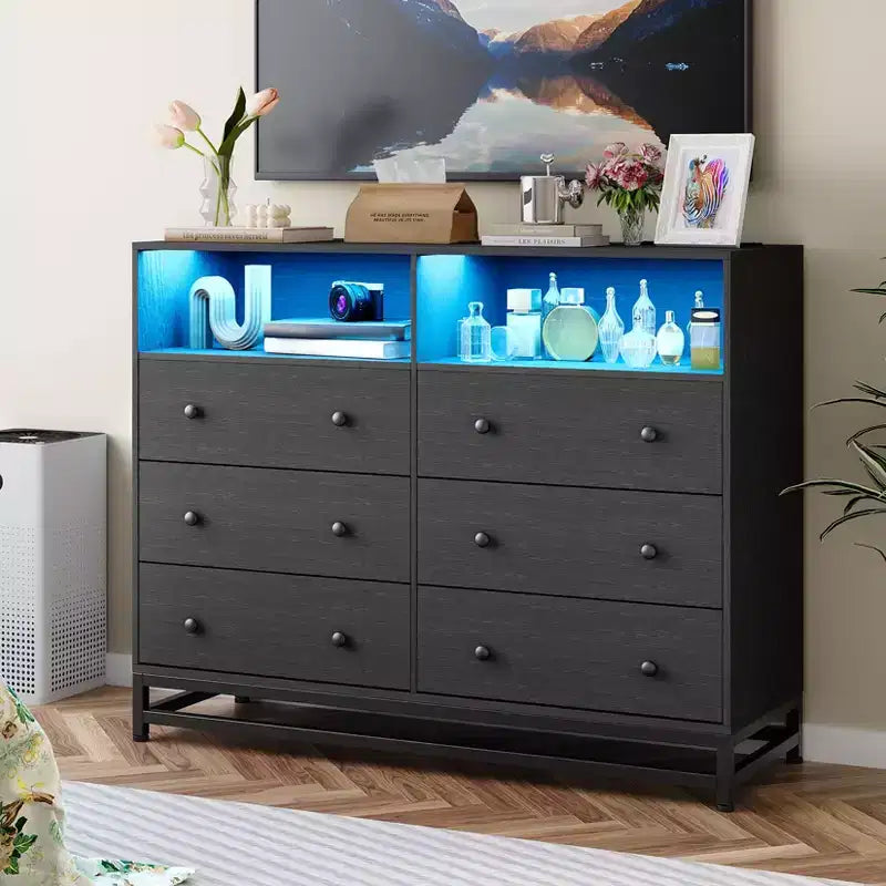 Wood Dresser, 6-Drawer Black Wooden Dresser with Lights & Power Outlet, 47 Inch Wide TV Stand for Bedroom Living Room