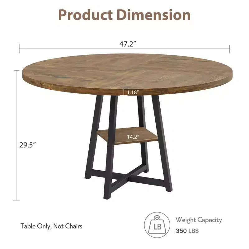 Industrial Round Dining Table,47 Inch Round Kitchen Table for 4,Dinner Table with Wooden Top and Metal Base for Dining Room,Living Room (47.2 in w