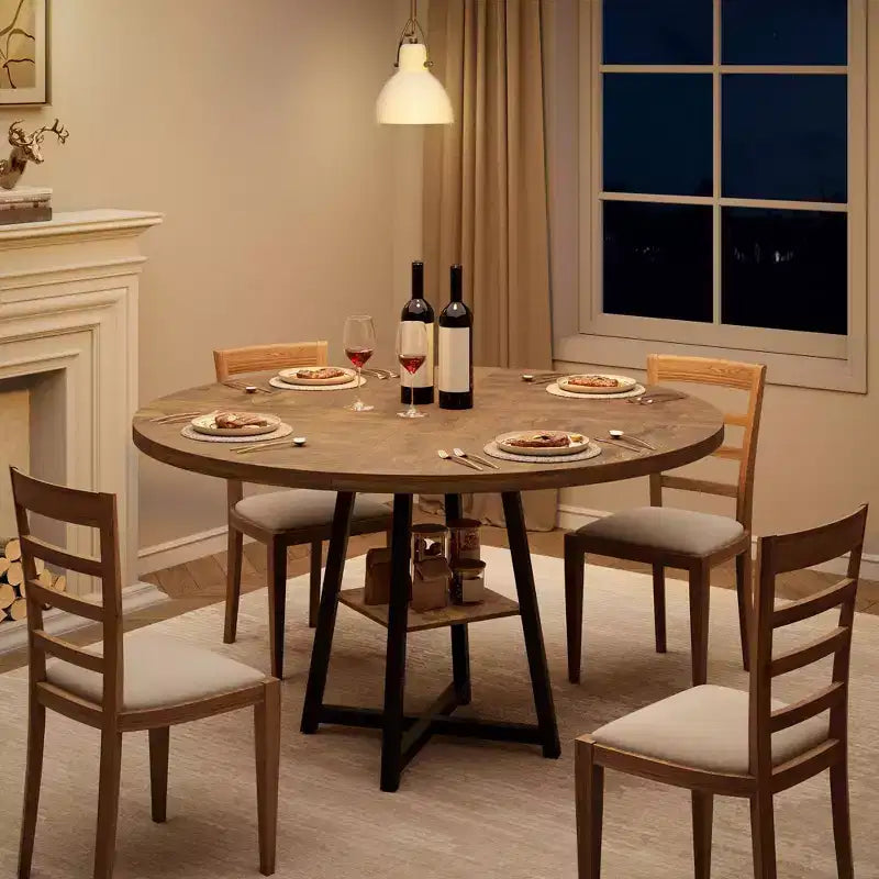Industrial Round Dining Table,47 Inch Round Kitchen Table for 4,Dinner Table with Wooden Top and Metal Base for Dining Room,Living Room (47.2 in w