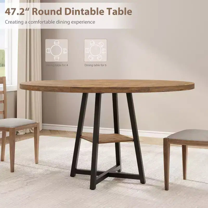 Industrial Round Dining Table,47 Inch Round Kitchen Table for 4,Dinner Table with Wooden Top and Metal Base for Dining Room,Living Room (47.2 in w