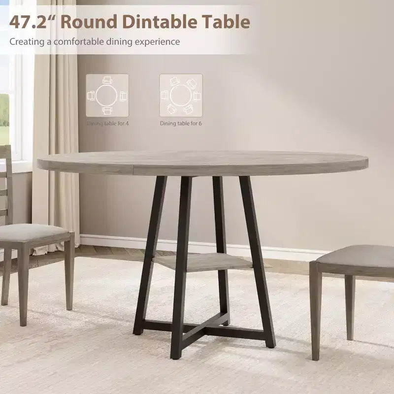 Industrial Round Dining Table,47 Inch Round Kitchen Table for 4,Dinner Table with Wooden Top and Metal Base for Dining Room,Living Room (47.2 in w