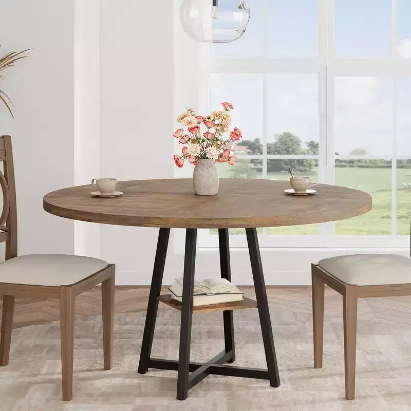 Industrial Round Dining Table,47 Inch Round Kitchen Table for 4,Dinner Table with Wooden Top and Metal Base for Dining Room,Living Room (47.2 in w