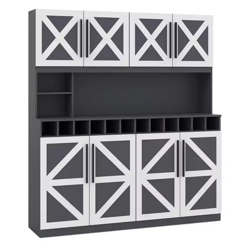 Costway 63'' Wide Kitchen Buffet Hutch w/4 Cabinets 2 Open Shelves & 12-Bottle Wine Rack