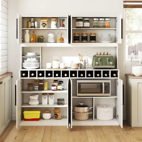 Costway 63'' Wide Kitchen Buffet Hutch w/4 Cabinets 2 Open Shelves & 12-Bottle Wine Rack