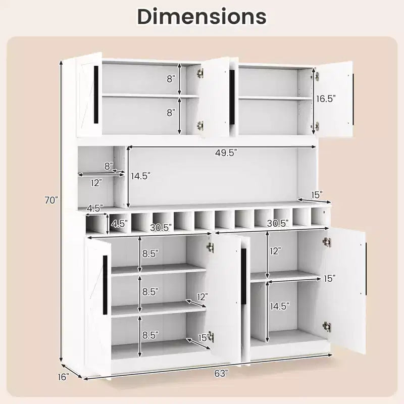 Costway 63'' Wide Kitchen Buffet Hutch w/4 Cabinets 2 Open Shelves & 12-Bottle Wine Rack