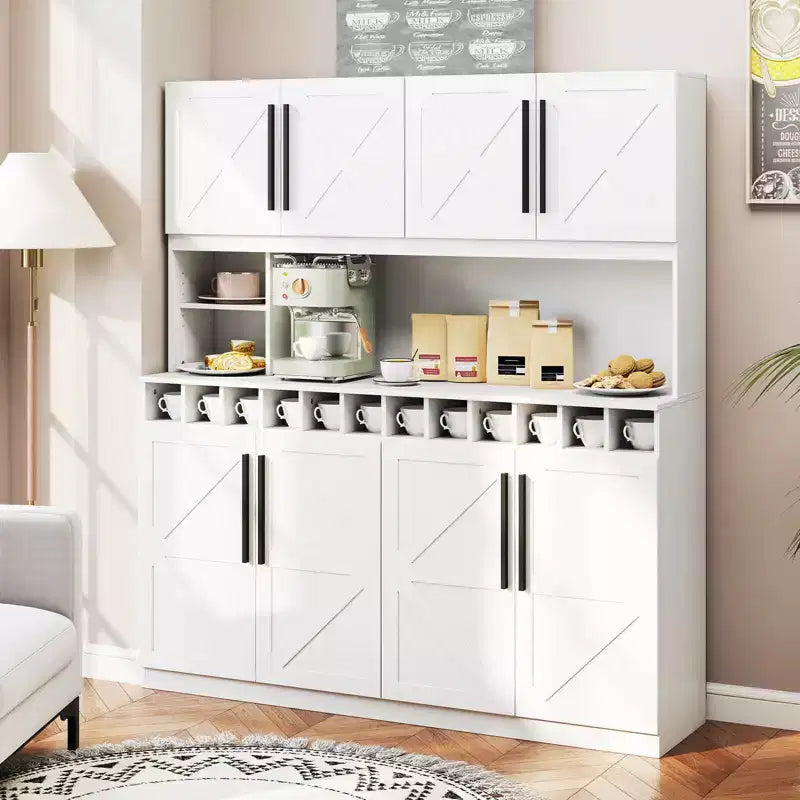 Costway 63'' Wide Kitchen Buffet Hutch w/4 Cabinets 2 Open Shelves & 12-Bottle Wine Rack