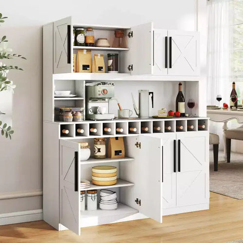 Costway 63'' Wide Kitchen Buffet Hutch w/4 Cabinets 2 Open Shelves & 12-Bottle Wine Rack