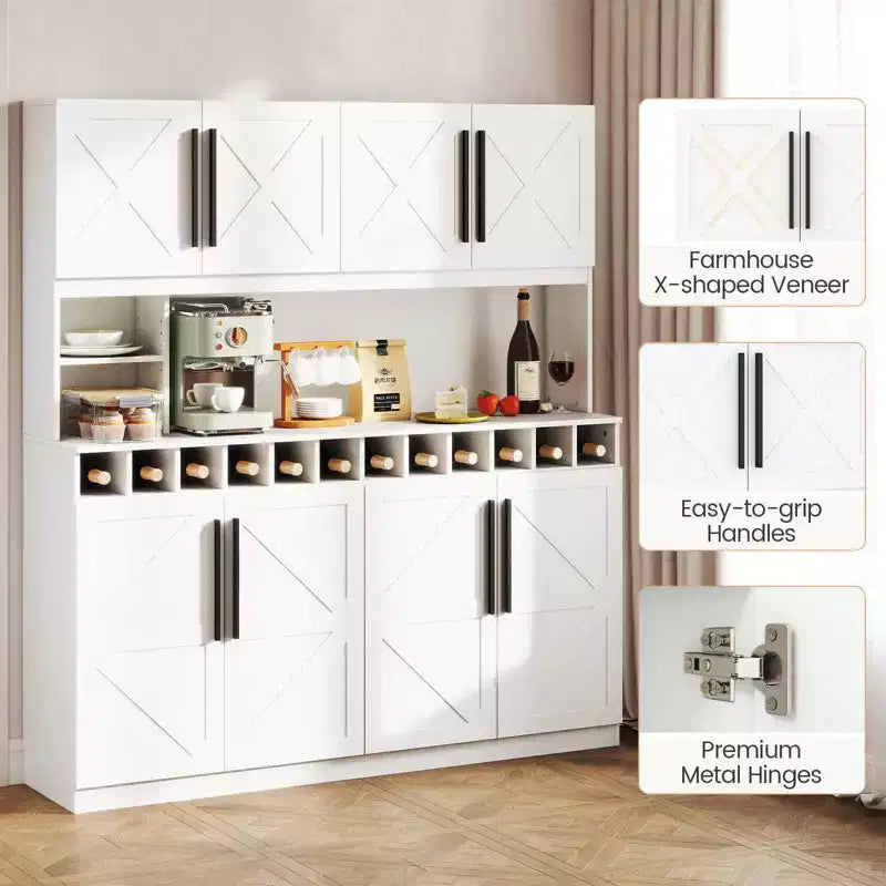 Costway 63'' Wide Kitchen Buffet Hutch w/4 Cabinets 2 Open Shelves & 12-Bottle Wine Rack