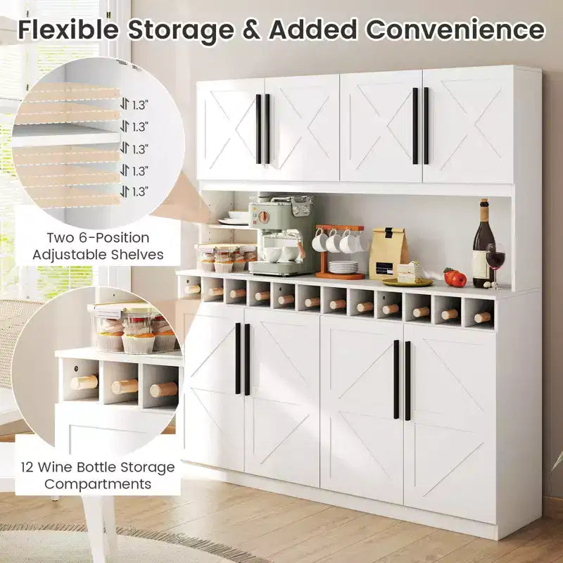 Costway 63'' Wide Kitchen Buffet Hutch w/4 Cabinets 2 Open Shelves & 12-Bottle Wine Rack