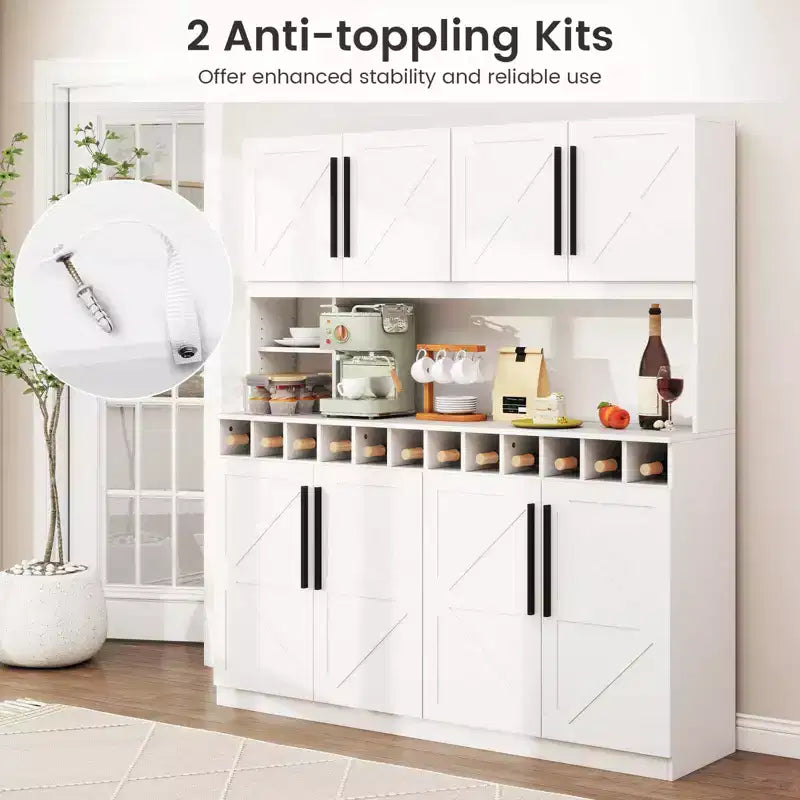 Costway 63'' Wide Kitchen Buffet Hutch w/4 Cabinets 2 Open Shelves & 12-Bottle Wine Rack