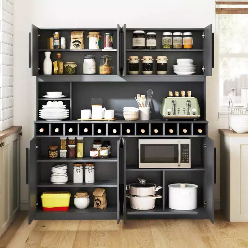 Costway 63'' Wide Kitchen Buffet Hutch w/4 Cabinets 2 Open Shelves & 12-Bottle Wine Rack